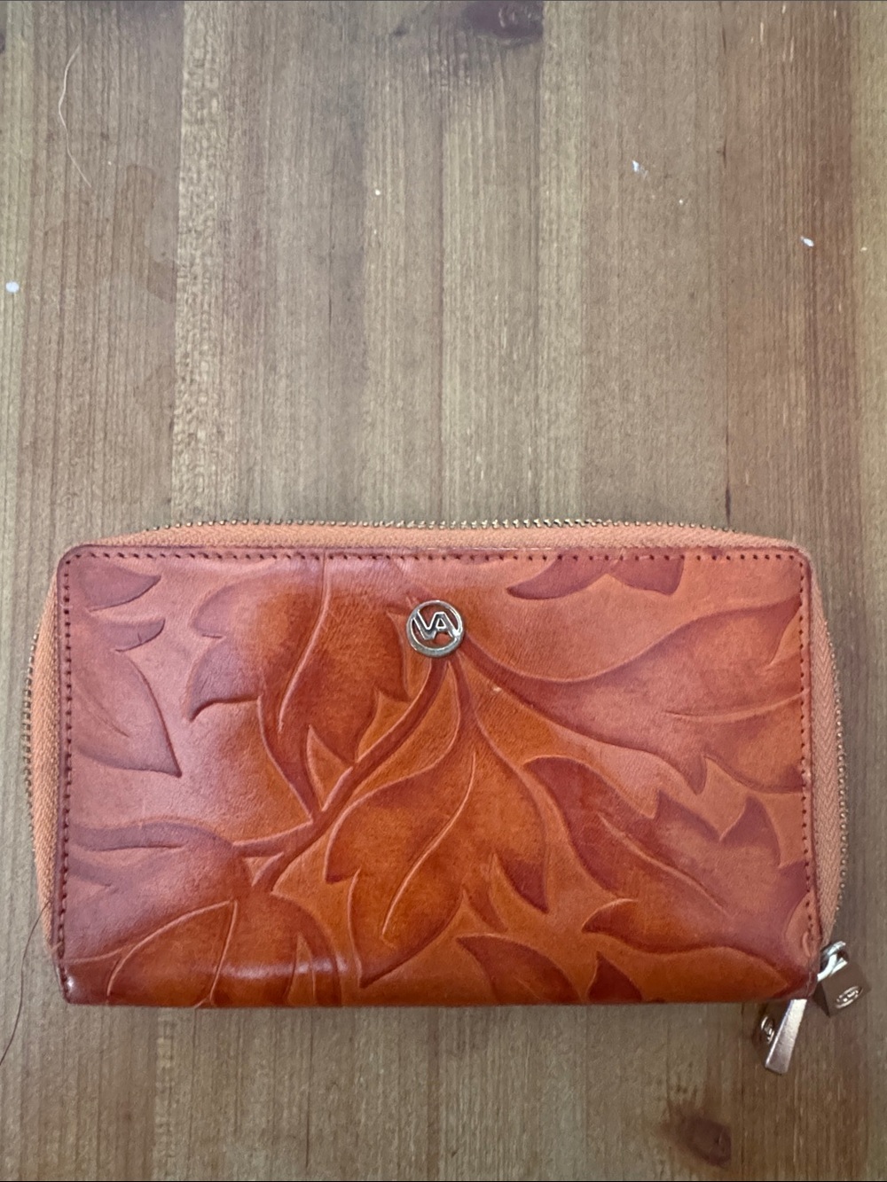 Italian Leather Zip Wallet with Floral Embossing - Brown 4x6